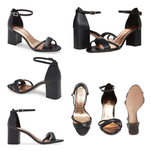 Ted Baker Sheaha Ankle Strap Heels Black Leather Sandals 9.5 Block Heel Pumps 40 - Picture 2 of 12